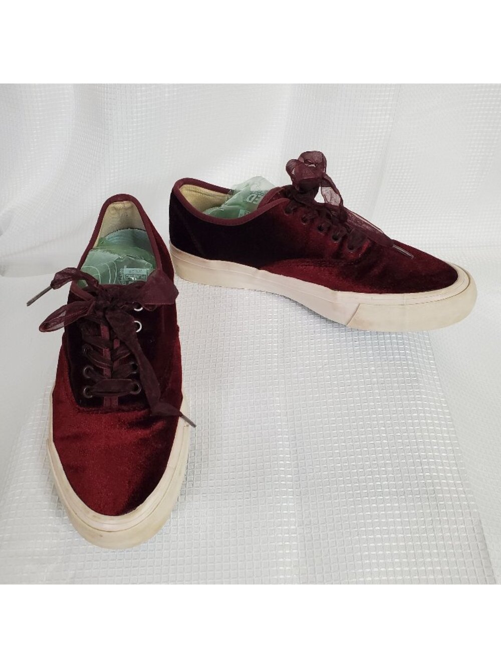 J.Crew SeaVees Womens Sz 8.5 Sneakers Legend Burgundy Velvet Sheer Ribbon Laces - Picture 1 of 9
